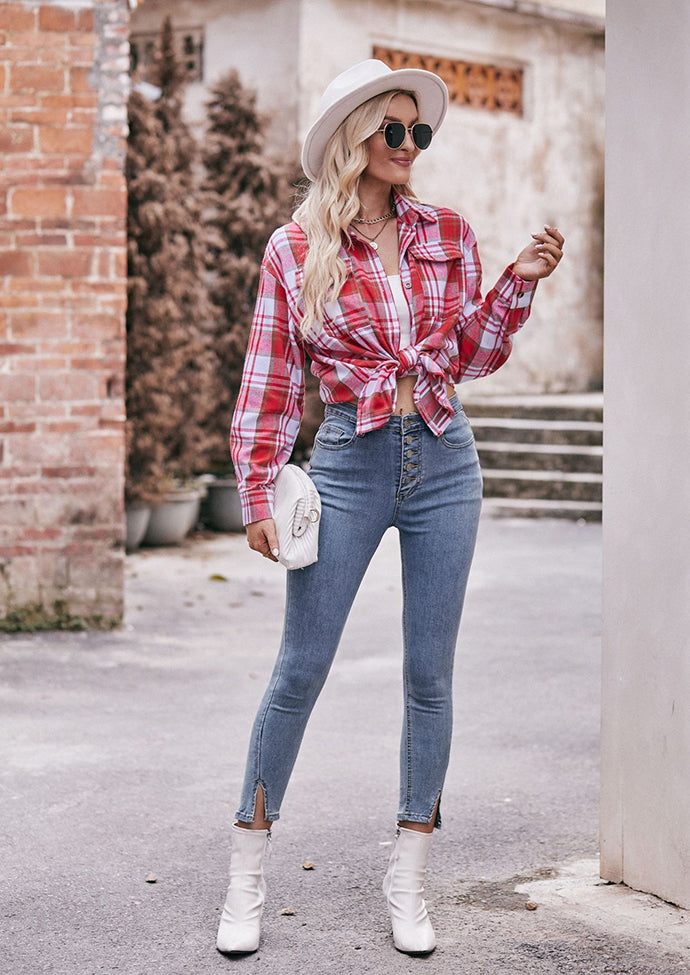 Button Up Pocket Detail Retro Plaid Shirt