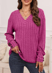 V Neck Button Detail Textued Casual T-shirt