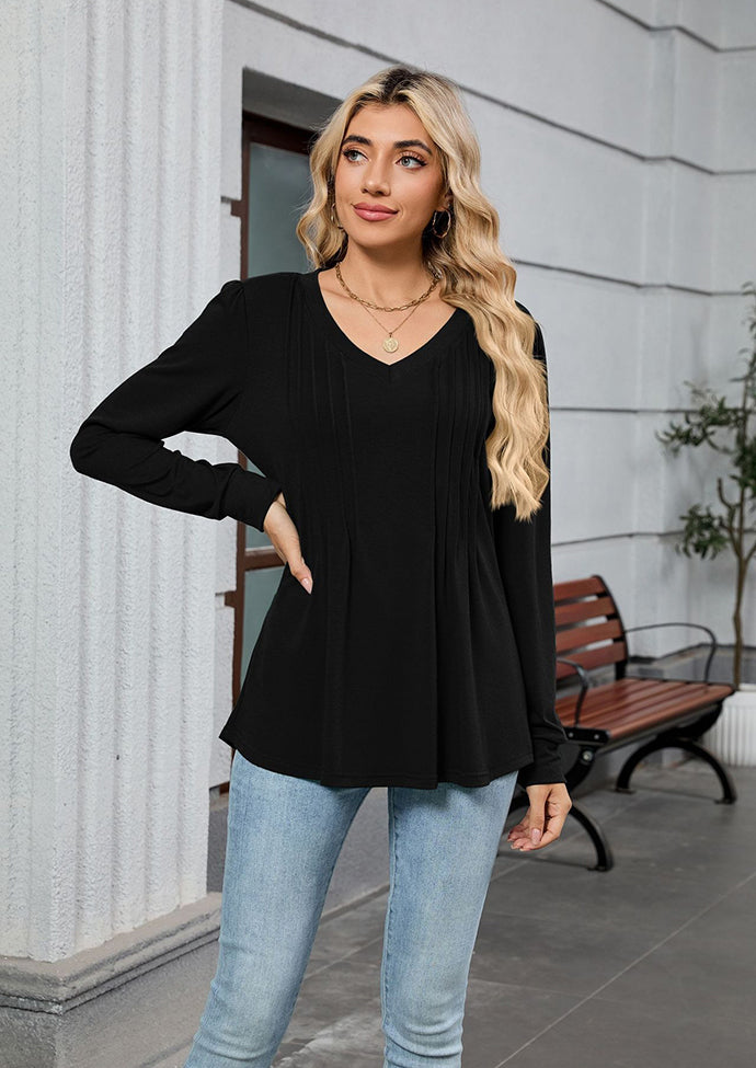 V Neck Pleated Long Sleeve Casual Tunic
