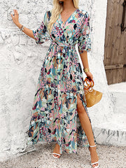 Patterned Side Split Wrap Maxi Dress