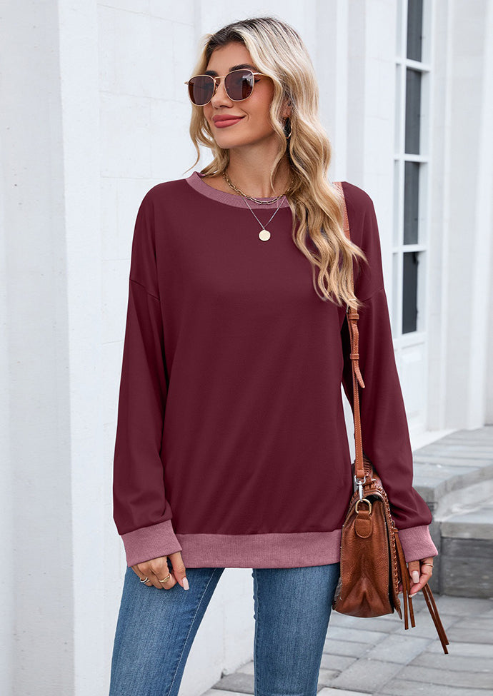 Ribbed Color Block Crew Neck Casual Sweatshirt