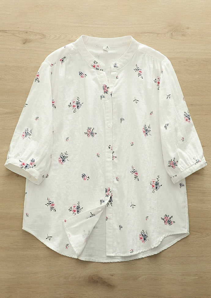 Split Neck Floral Print Half Sleeve Cotton Shirt