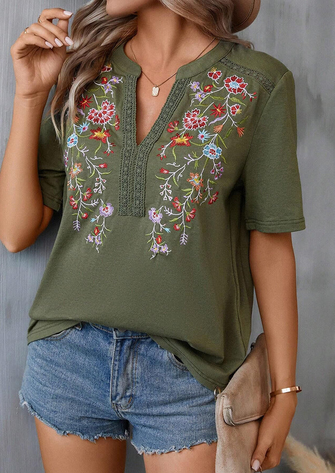 Embroidery Lace Inset V Neck T-shirt