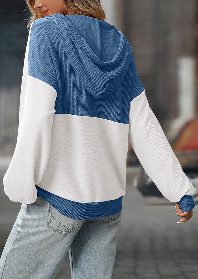 Color Block Tie Detail Button Up Hooded Sweatshirt