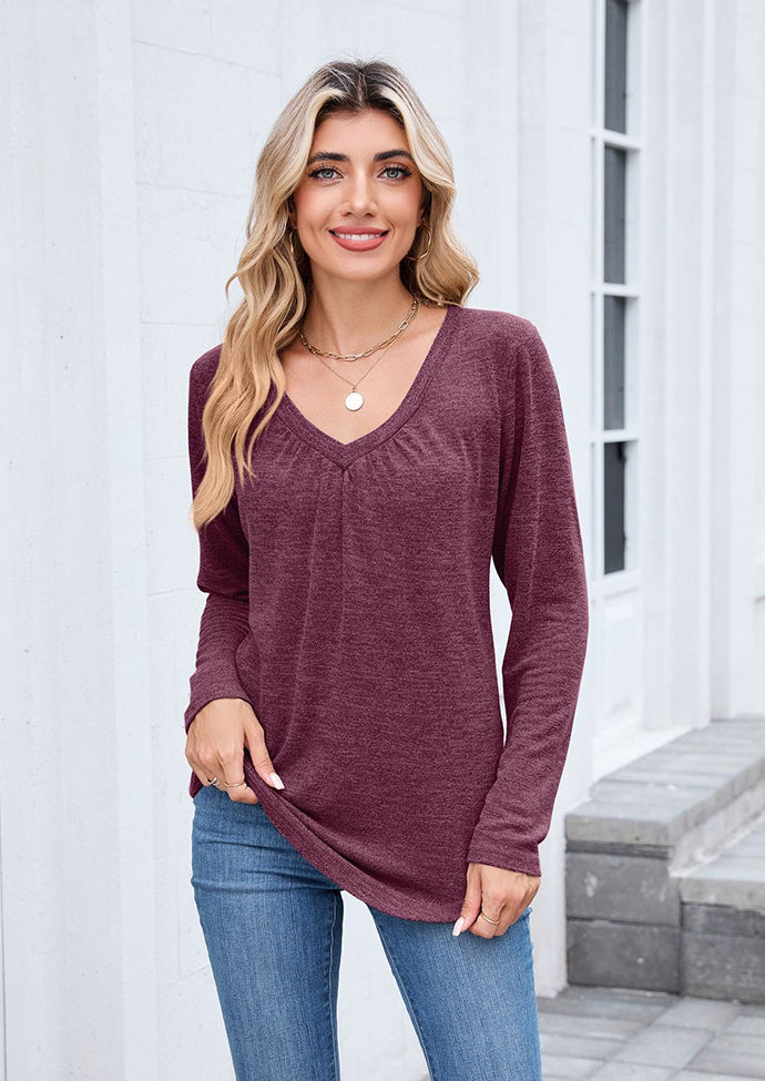 V-neck Pleated Solid Long Sleeve T-shirt