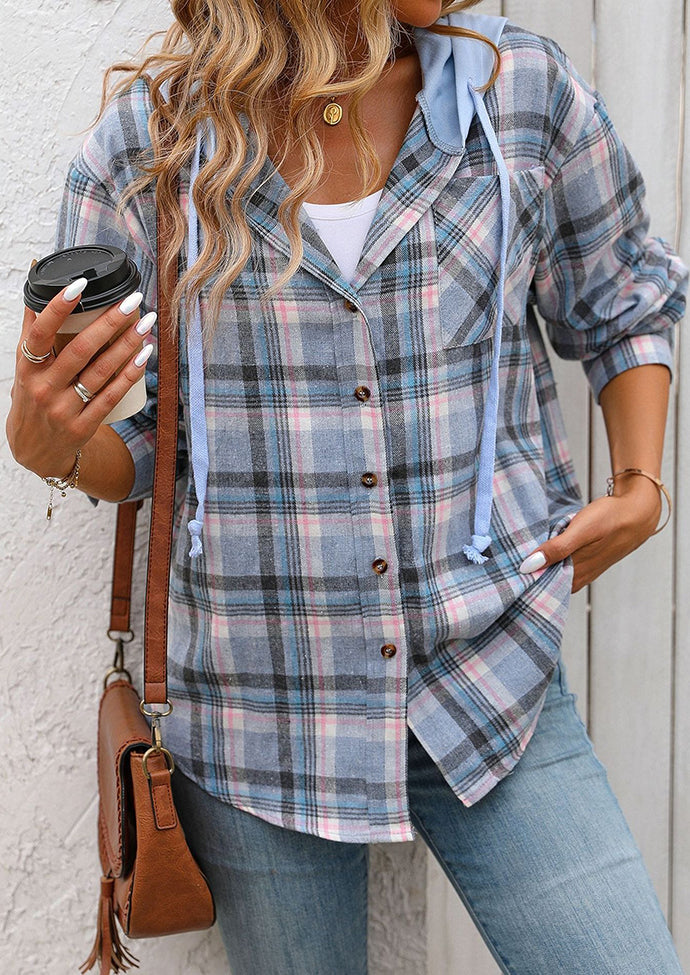 Hooded Pocket Detail Button Up Plaid Shirt