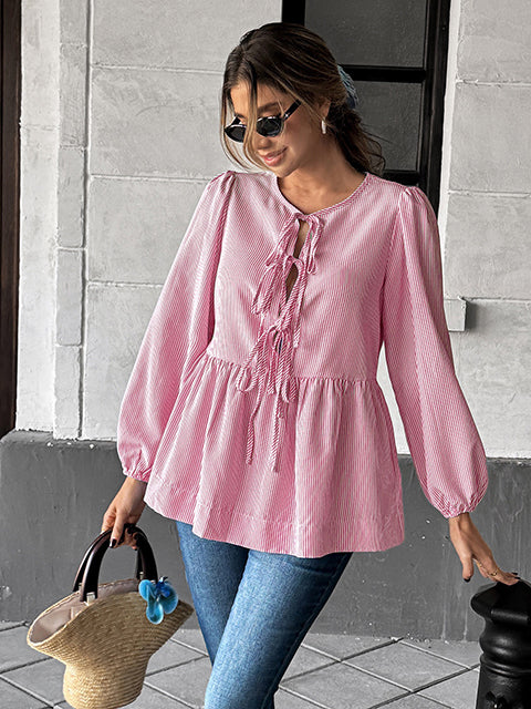 Bow Knotted Long Sleeve Stripe Blouse
