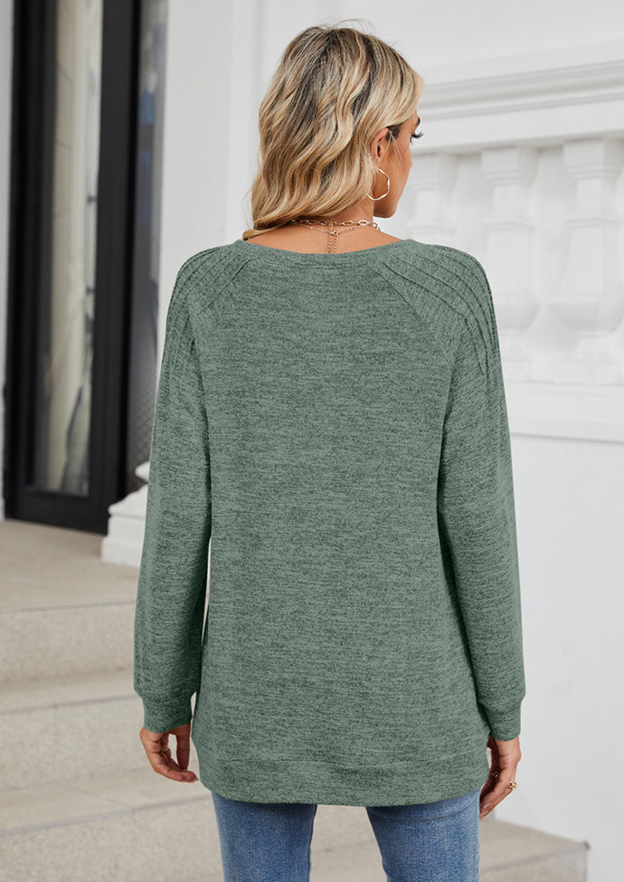 Pleated Long Sleeve Crew Neck Casual T-shirt