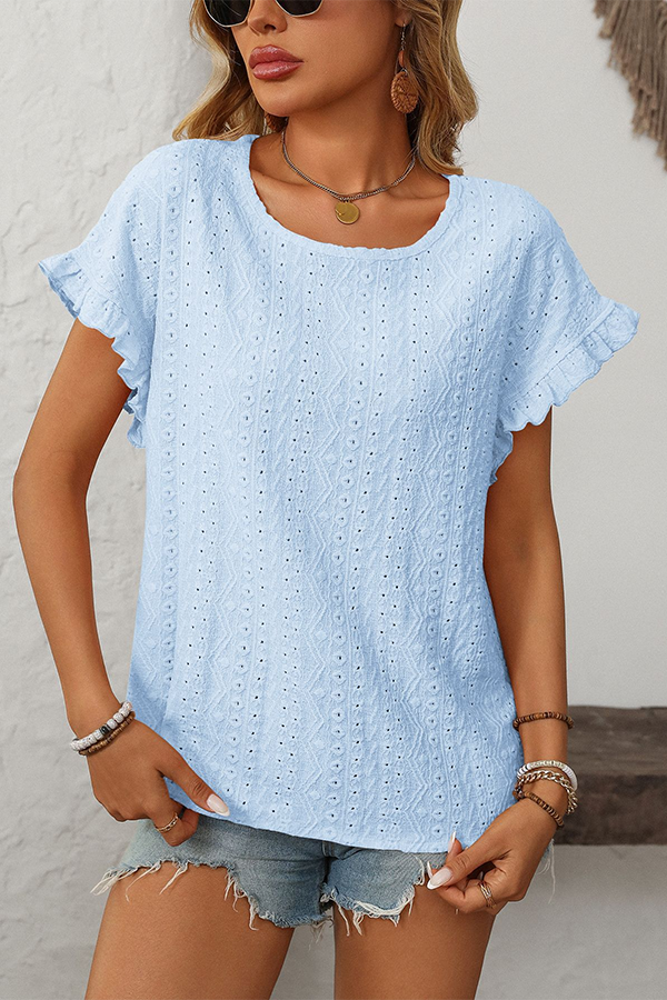 Eyelet Embroidery Ruffled Flutter-Sleeve Blouse - Blouses & Shirts from Cindelily