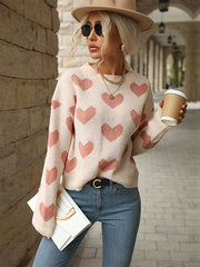 Heart Pattern Crew Neck Knitted Sweater