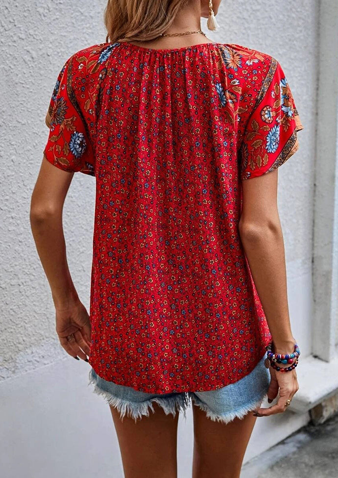 Floral Boho Tie Detail V Neck T-shirt