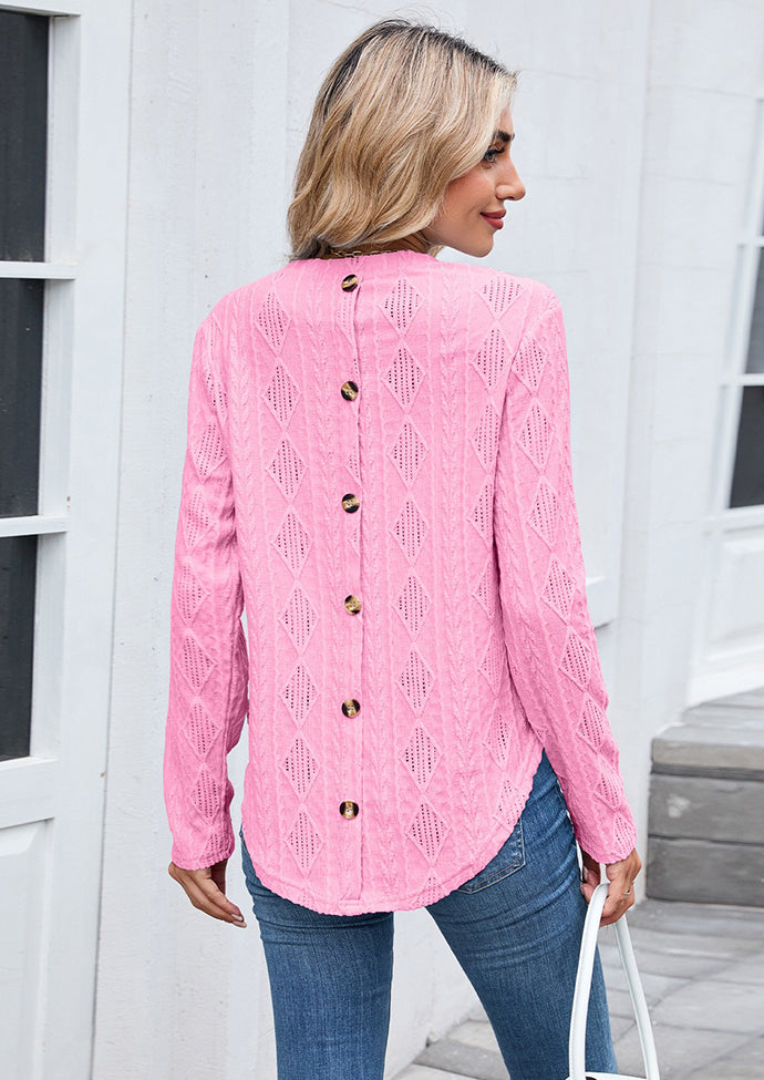 Textured Button Detail Crew Neck Casual T-shirt