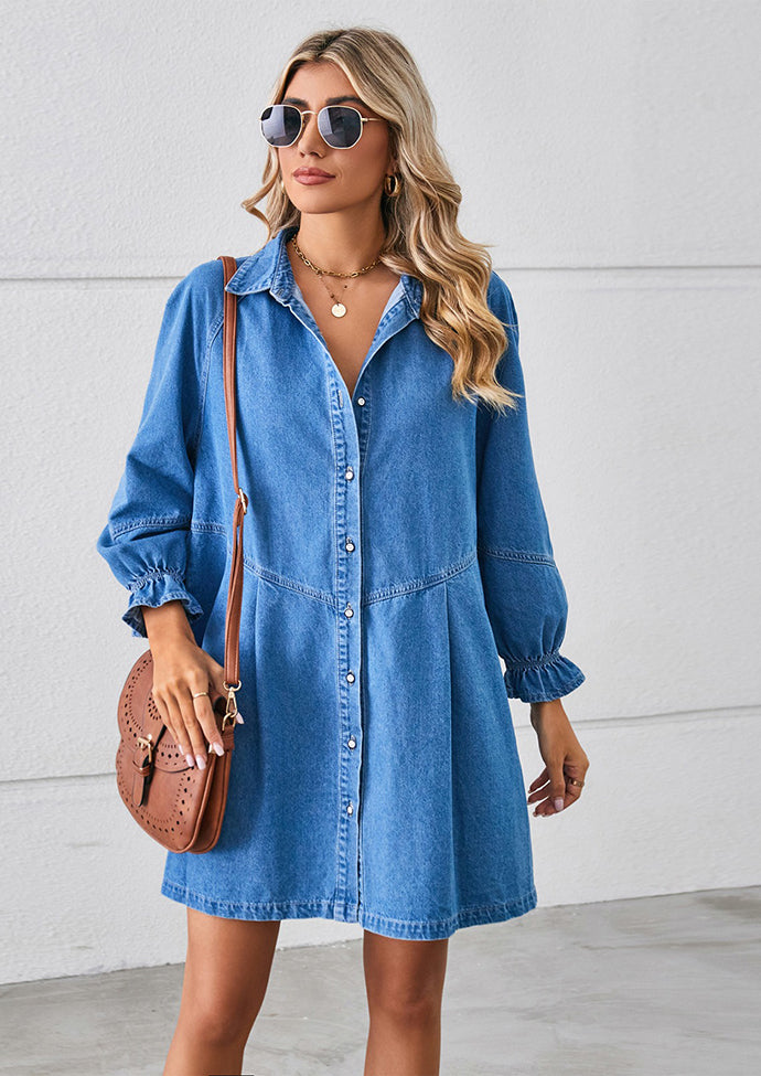 Washed Button Up Denim Shirt Dress