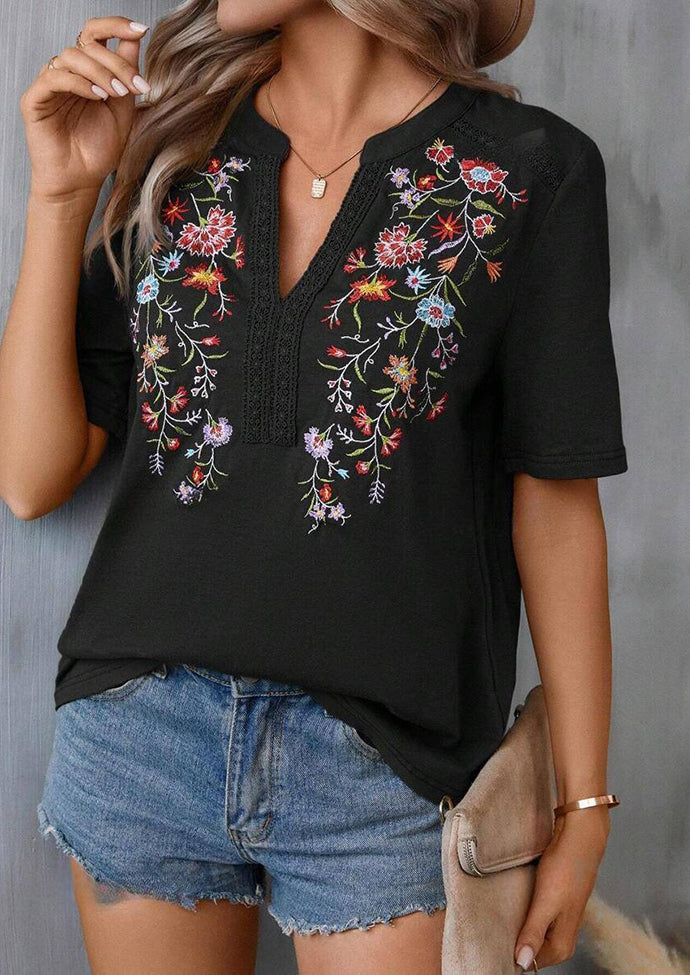 Embroidery Lace Inset V Neck T-shirt