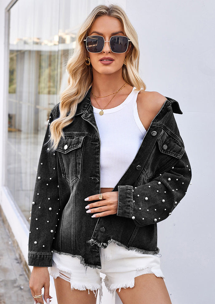 Washed Beading Raw Hem Denim Jacket