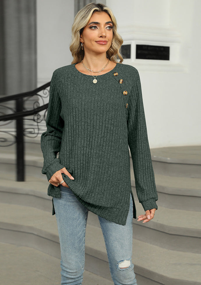 Raglan Sleeve Button Detail Side Split Tunic