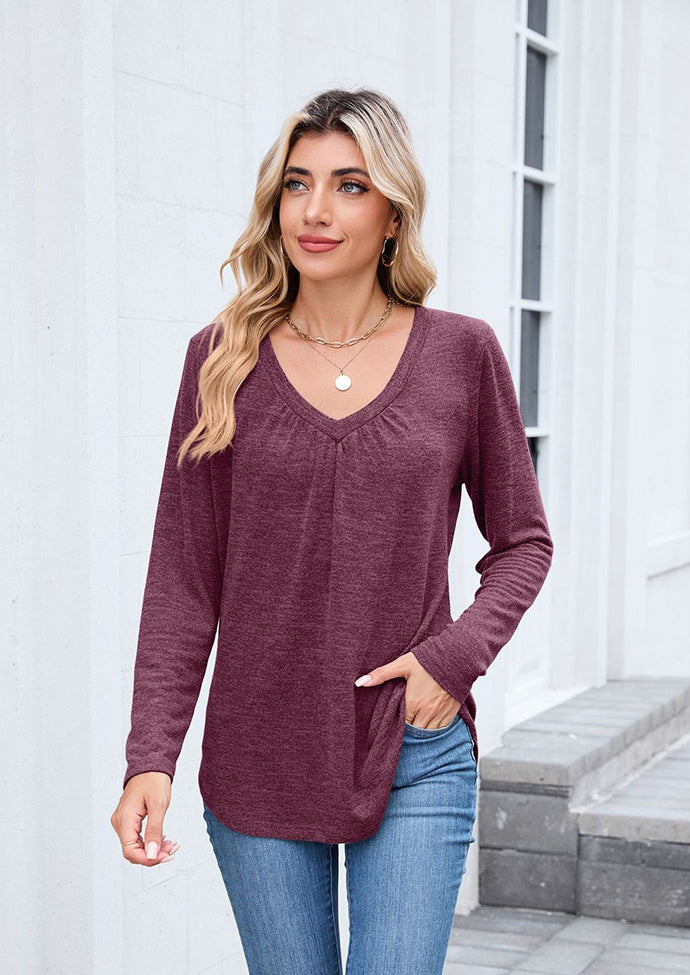 V-neck Pleated Solid Long Sleeve T-shirt