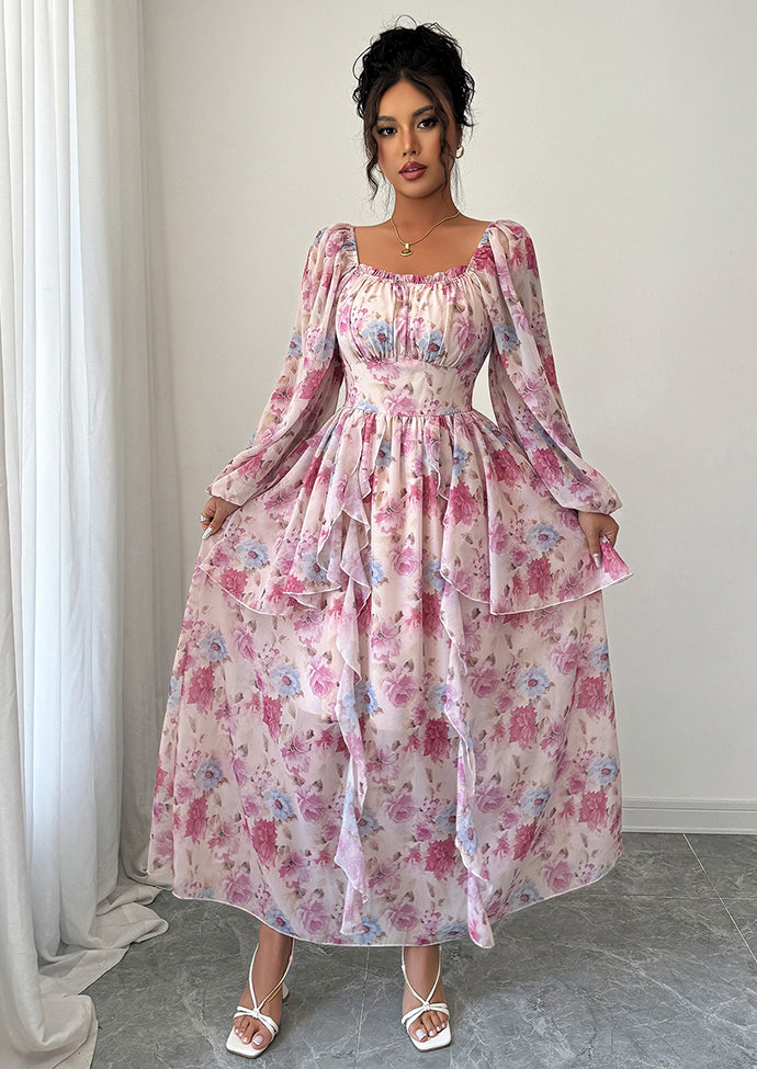 Floral Print Ruffled Long Sleeve Dress