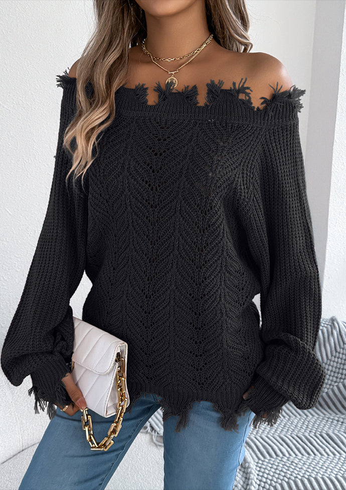 Off the Shoulder Raw Hem Jacquard Knitted Sweater