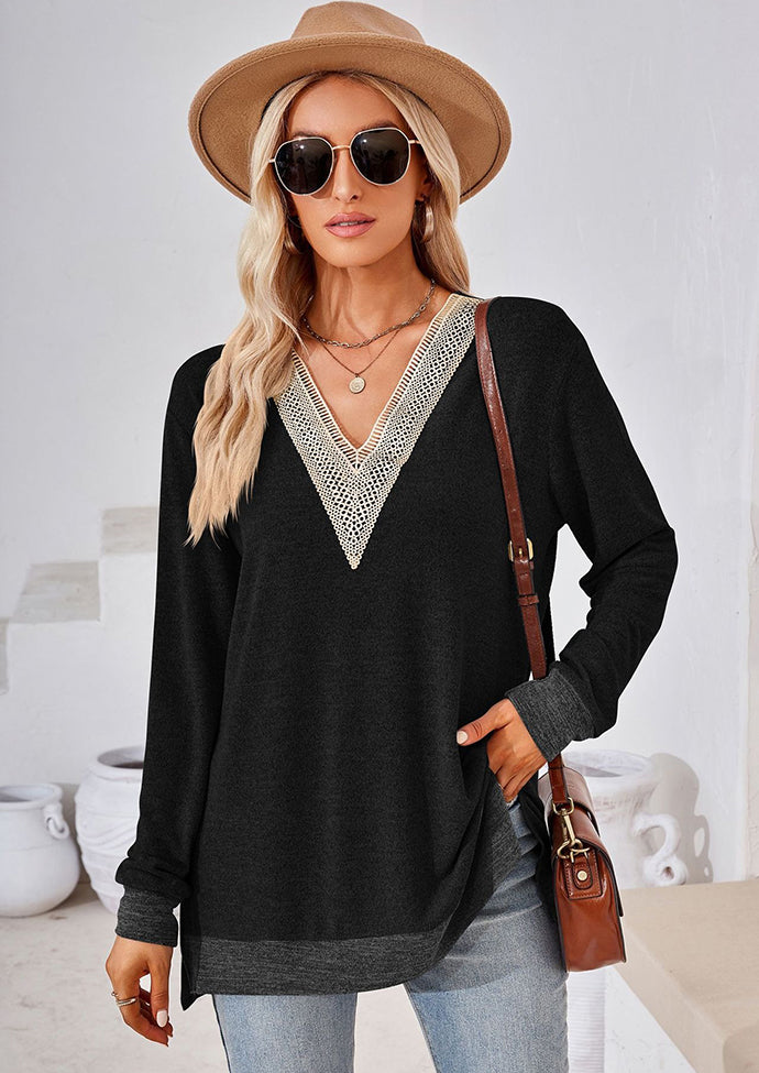 Lace Inset V Neck Side Split Tunic