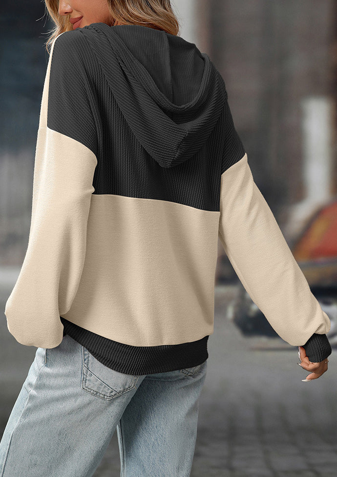 Color Block Tie Detail Button Up Hooded Sweatshirt