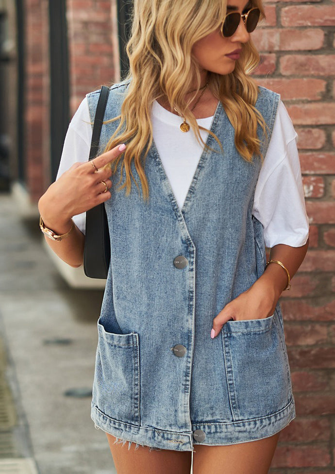 V Neck Button Up Denim Vest with Pockets