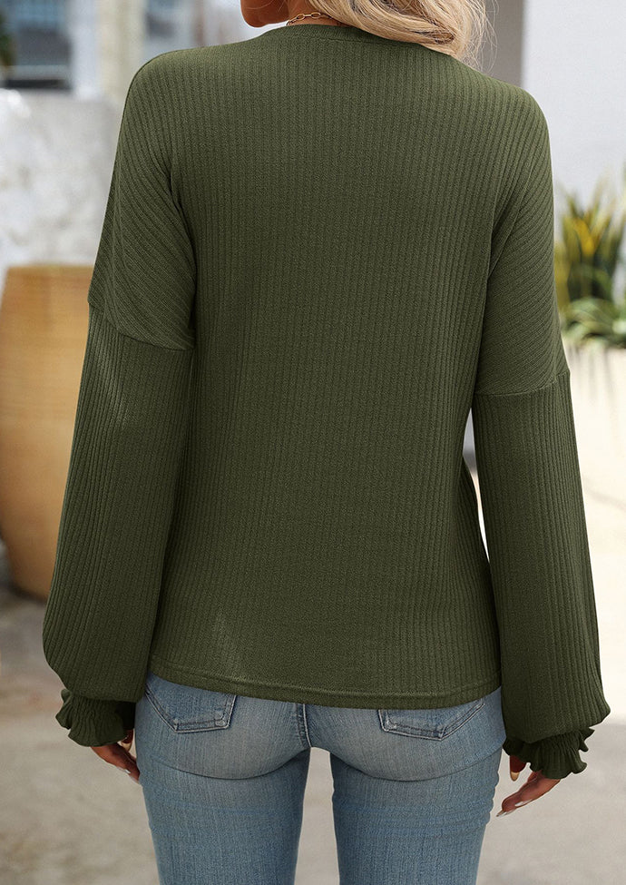 Textured Smocked Cuff Crew Neck Casual T-shirt