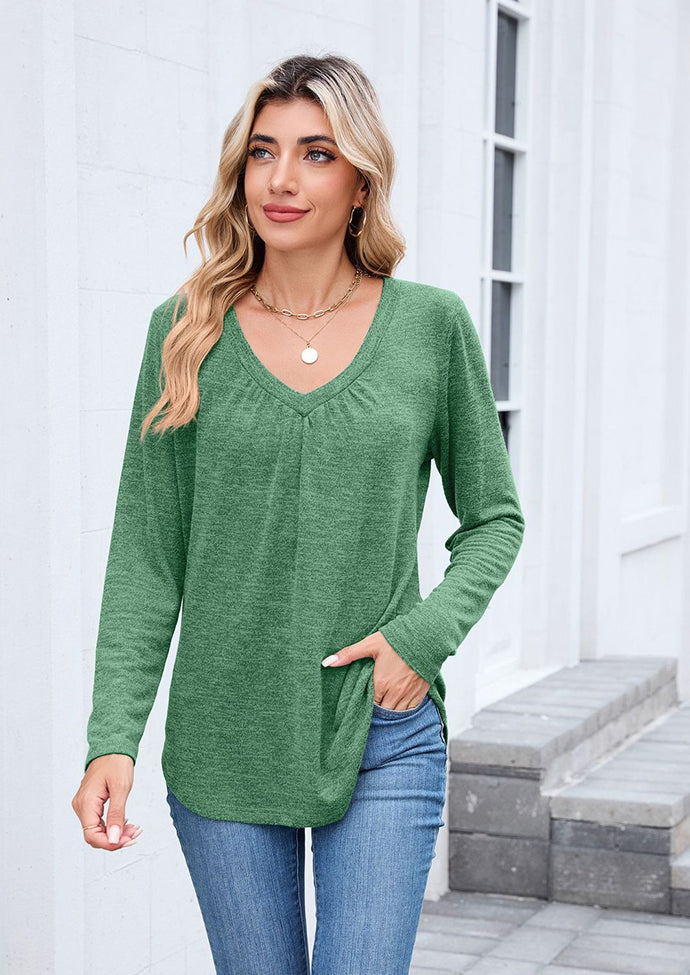 V-neck Pleated Solid Long Sleeve T-shirt