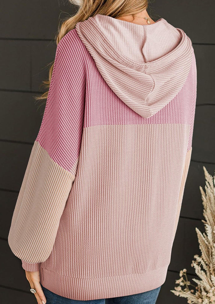 Tie Detail Textured Color Block Casual Hoodie