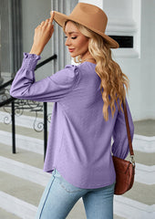 Jacquard Pleated U Neck Casual Blouse