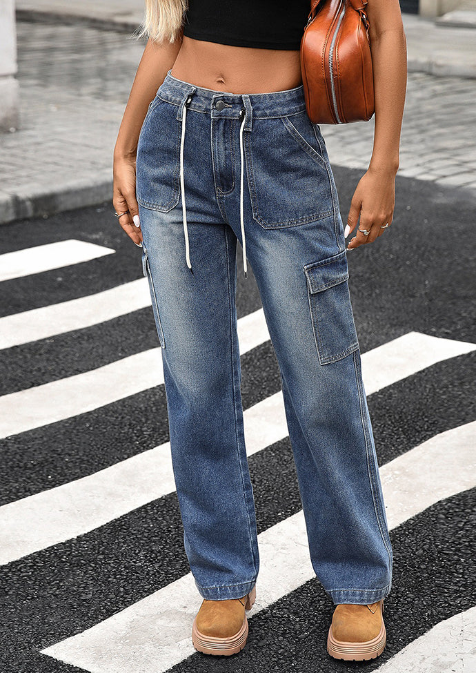Straight Lace-up Multi-pocket Cargo Jeans