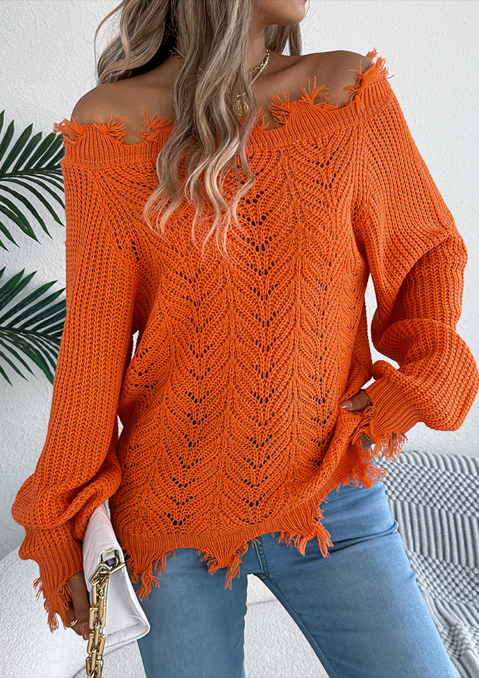 Off the Shoulder Raw Hem Jacquard Knitted Sweater