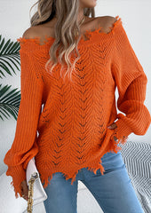 Off the Shoulder Raw Hem Jacquard Knitted Sweater