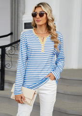 V Neck Button Detail Striped Casual T-shirt