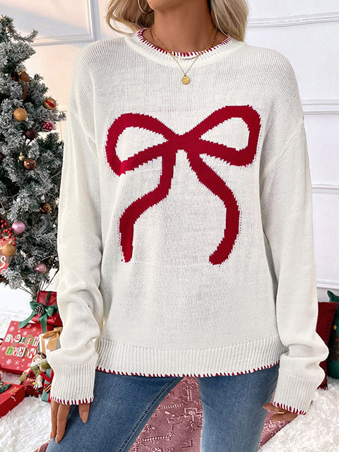 Crew Neck  Bow Jacquard Casual Sweater