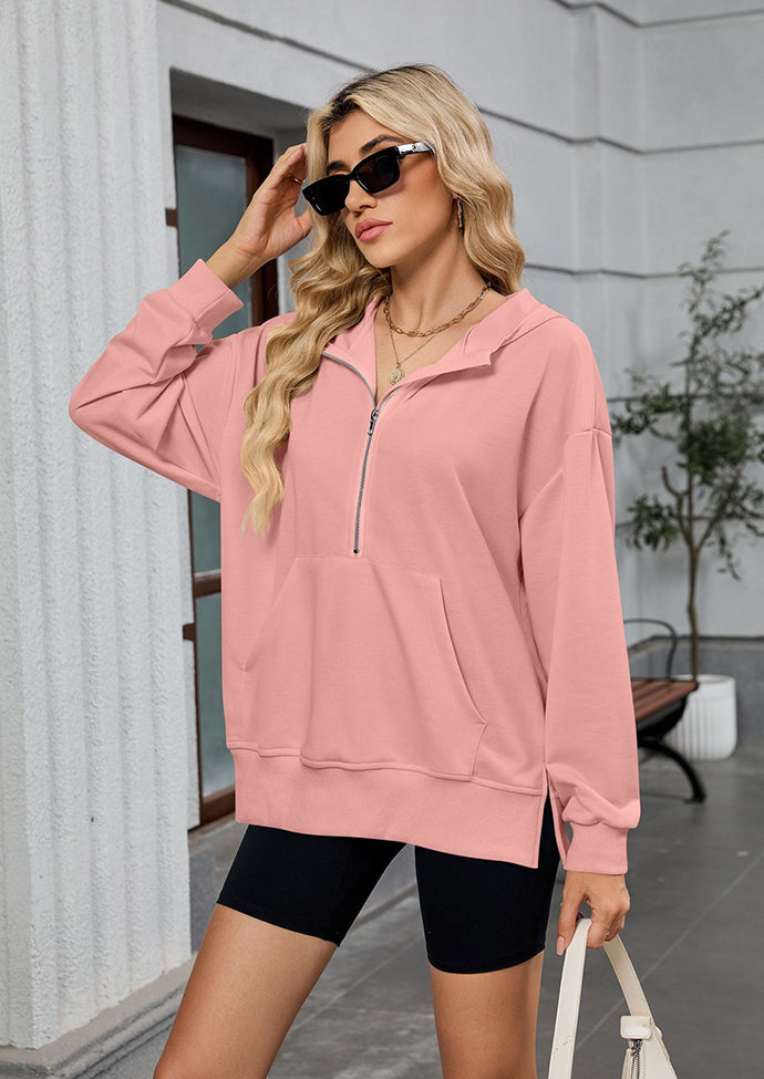 Half Zip Size Split Hoodie with Front Pocket
