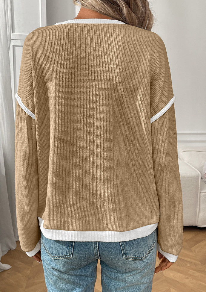 Textured Crew Neck Color Block Casual Top