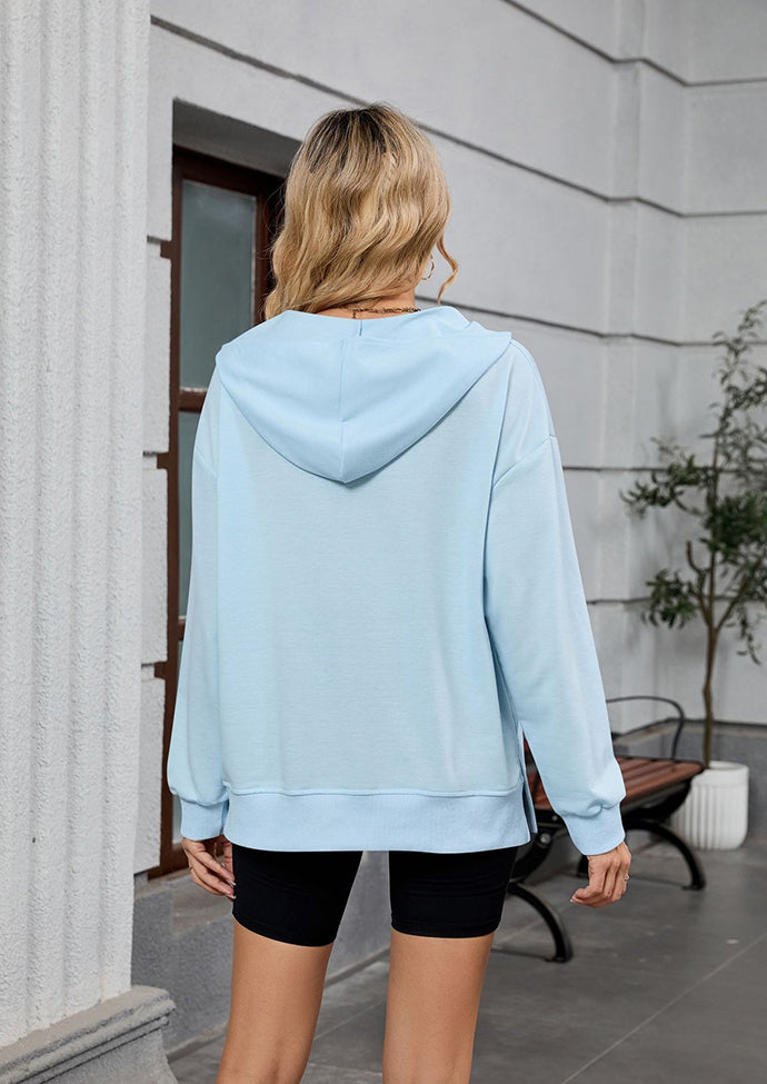Half Zip Size Split Hoodie with Front Pocket