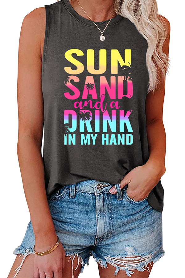 Sun Sand and A Drink Graphic Tank Top Dark grey - Tops from Cindelily