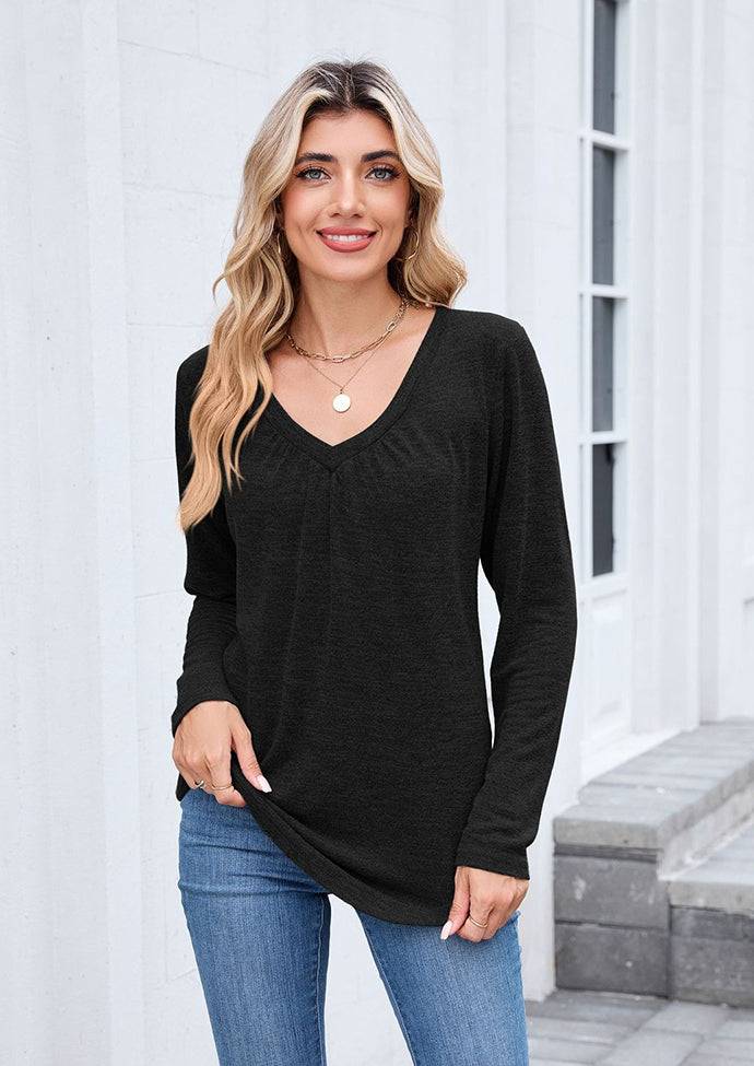 V-neck Pleated Solid Long Sleeve T-shirt