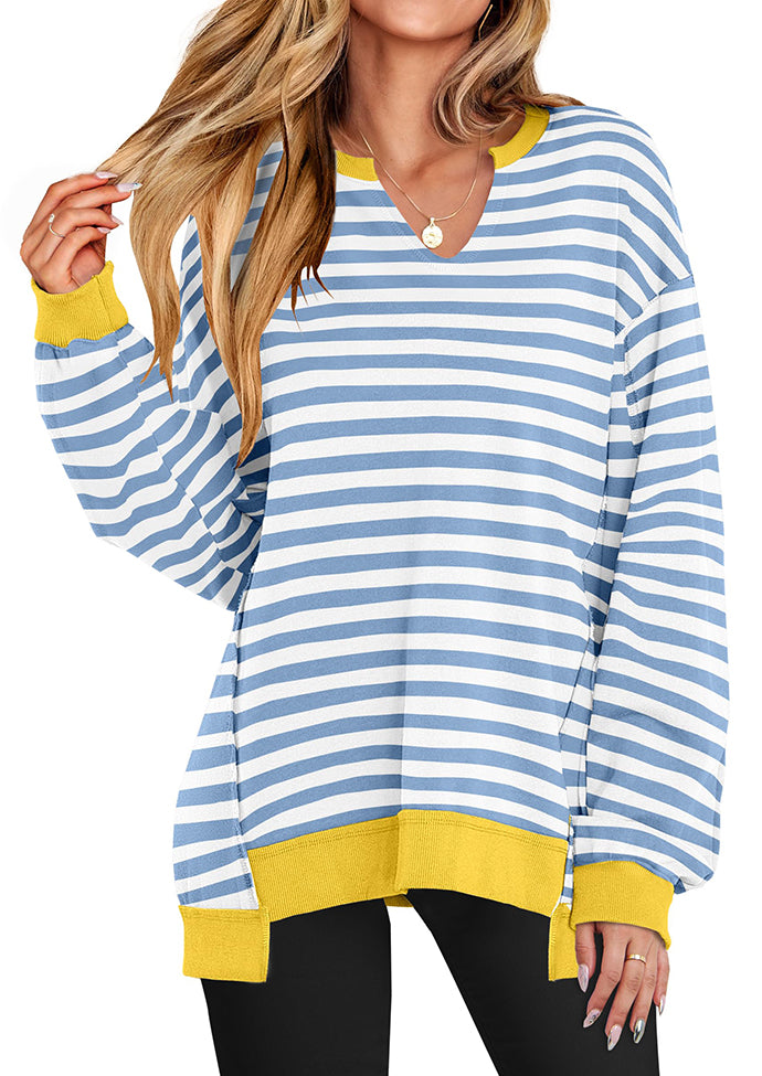 Stripe V Neck Over Size Basic Sweatshirt