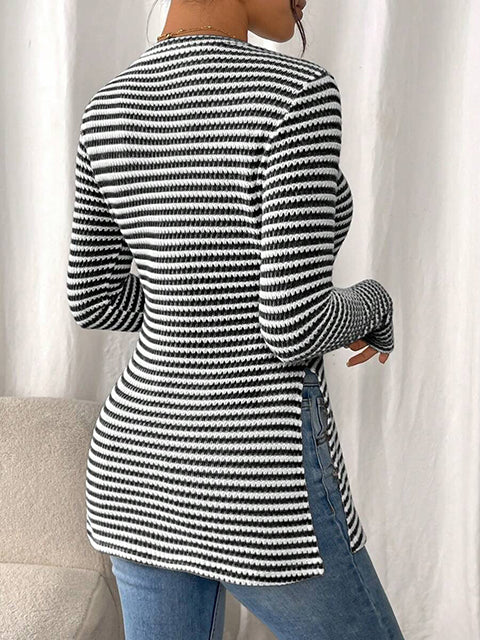 Striped Side Split Long Sleeve Top