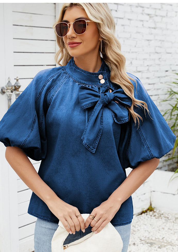 Button Detail Tie Bow Denim Half Sleeve Blouse