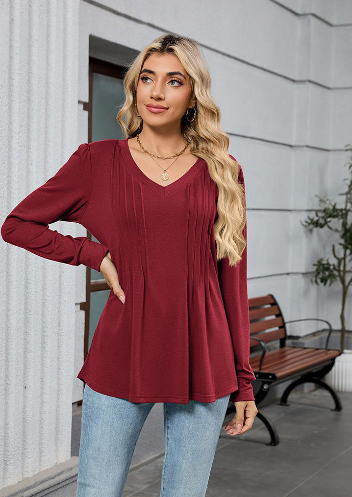 V Neck Pleated Long Sleeve Casual Tunic