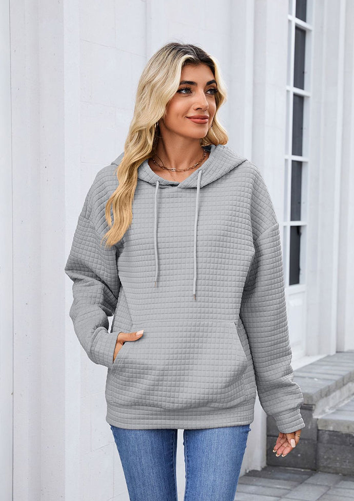 Textured Tie Front Pocket Detail Casual Hoodie