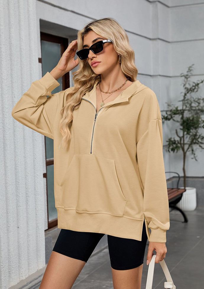 Half Zip Size Split Hoodie with Front Pocket