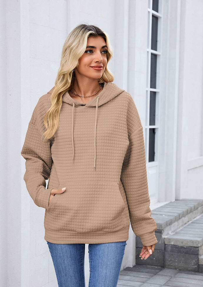 Textured Tie Front Pocket Detail Casual Hoodie