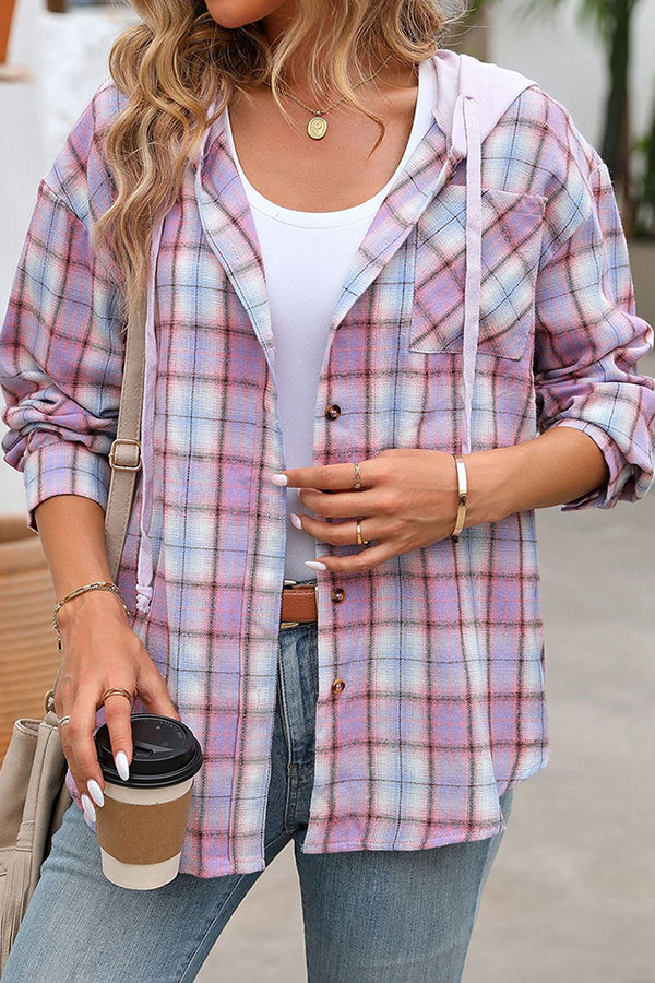 Hooded Pocket Detail Button Down Plaid Top Purple - Blouses & Shirts from Cindelily