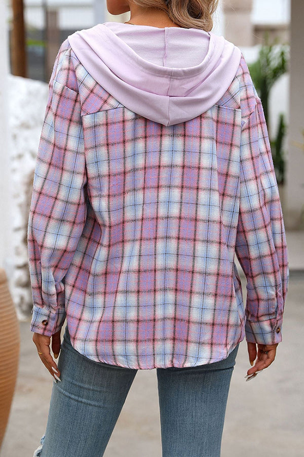 Hooded Pocket Detail Button Down Plaid Top - Blouses & Shirts from Cindelily