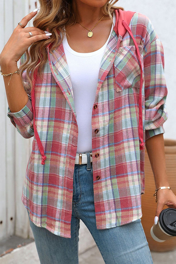 Hooded Pocket Detail Button Down Plaid Top Pink - Blouses & Shirts from Cindelily